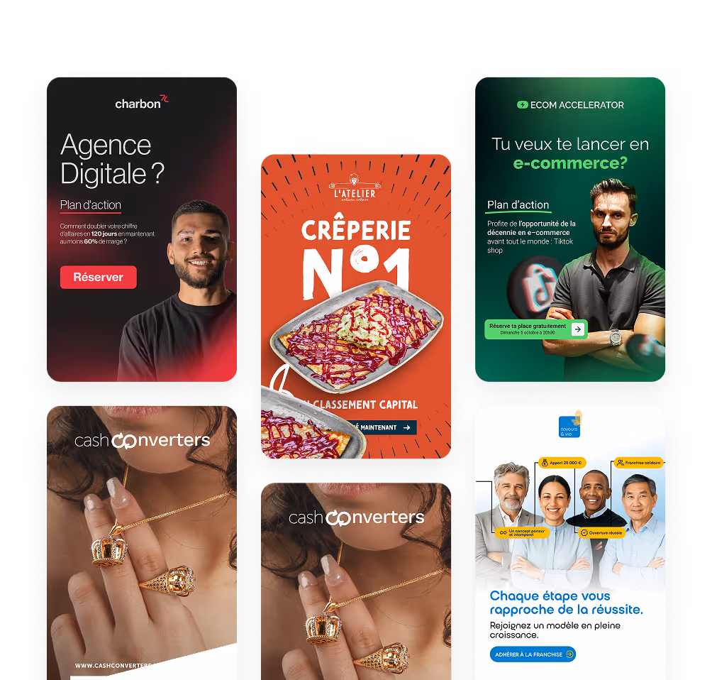 Mosaïque de six publicités digitales comprenant agences numériques, crêperie n°1, accélérateur e-commerce, bijoux Cash Converters, et franchise Savourez & Vivez avec portraits de personnes et offres.